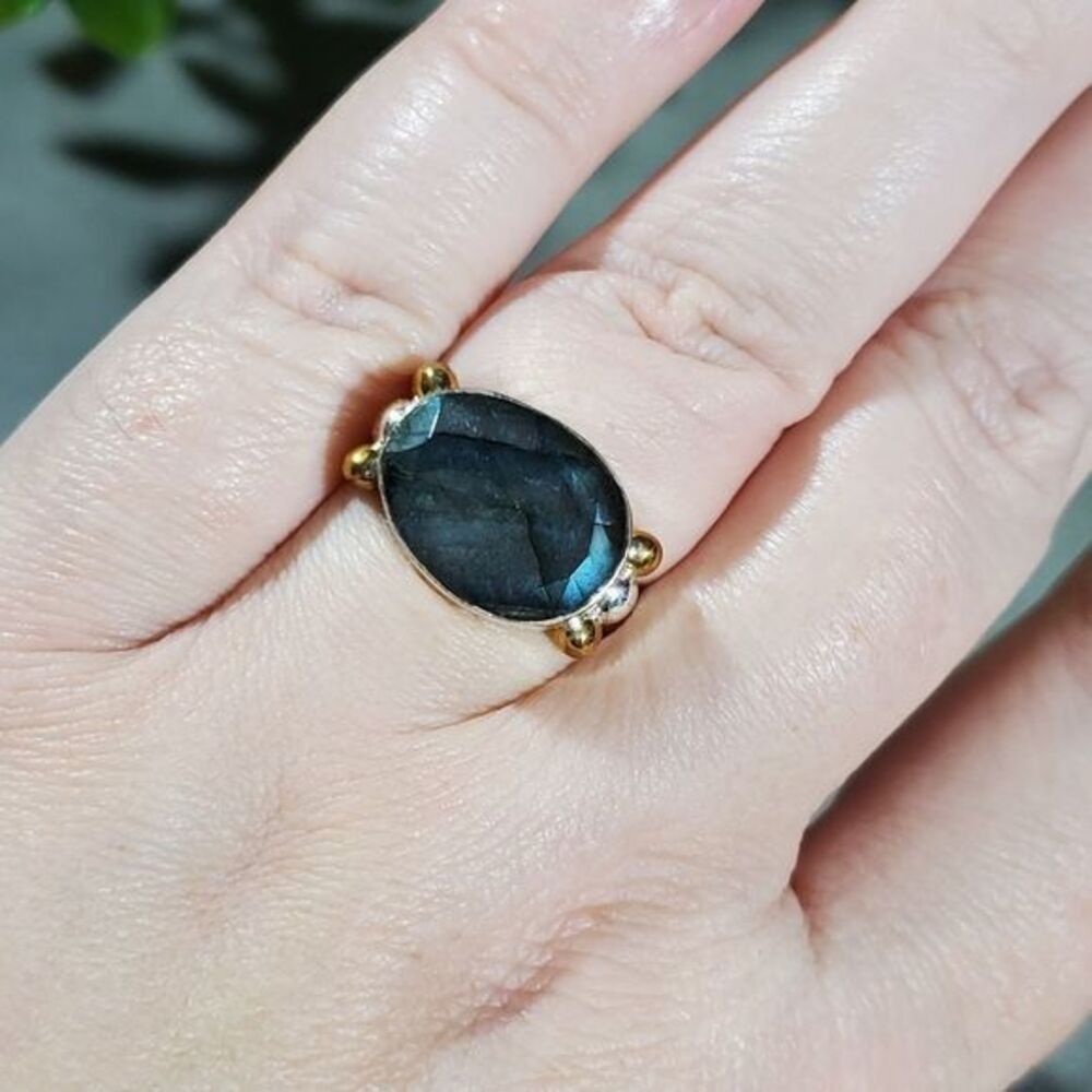 Sterling silver and brass Labrodite ring size 9